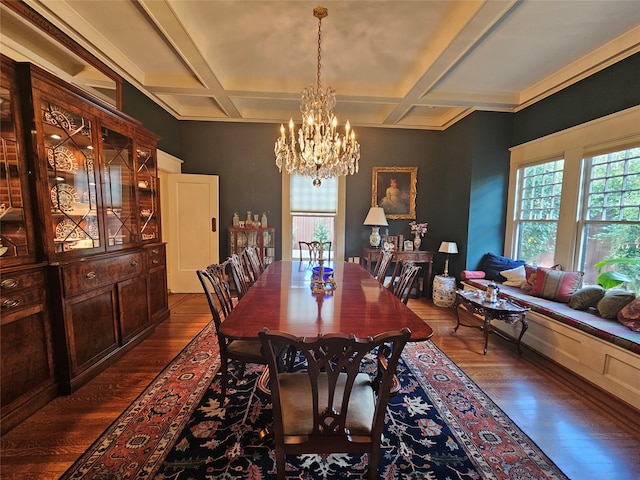 dining area with beamed ceiling, an inviting chandelier, dark wood-type flooring, and coffered ceiling