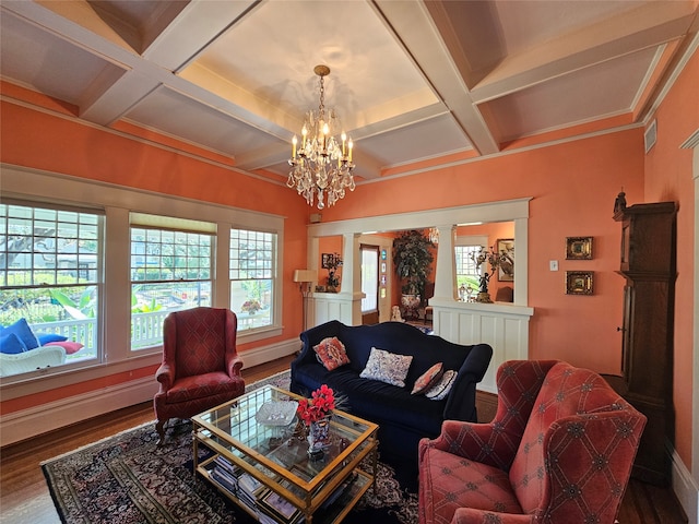 living room with coffered ceiling, beam ceiling, wood-type flooring, and ornate columns