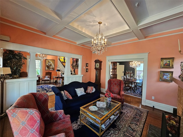 living room with coffered ceiling, beamed ceiling, and dark hardwood / wood-style floors