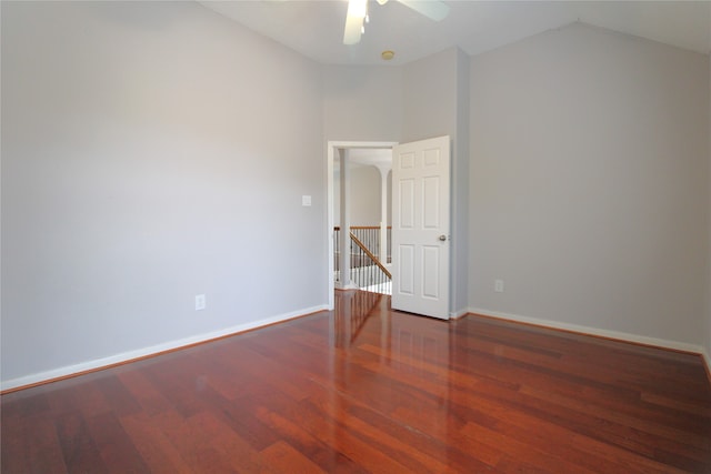 unfurnished room featuring ceiling fan, high vaulted ceiling, and dark hardwood / wood-style floors