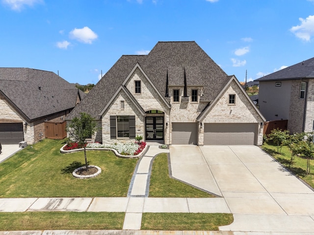 french country style house with french doors, a front lawn, and a garage