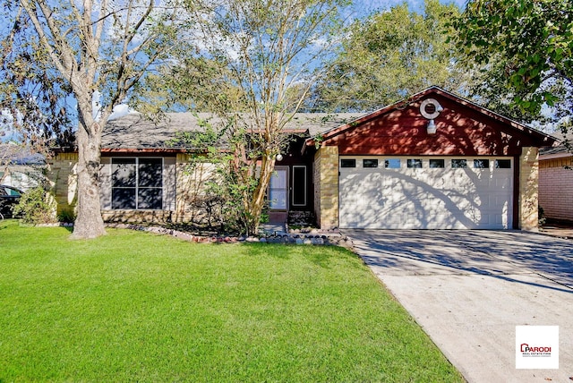 ranch-style house with a garage and a front lawn