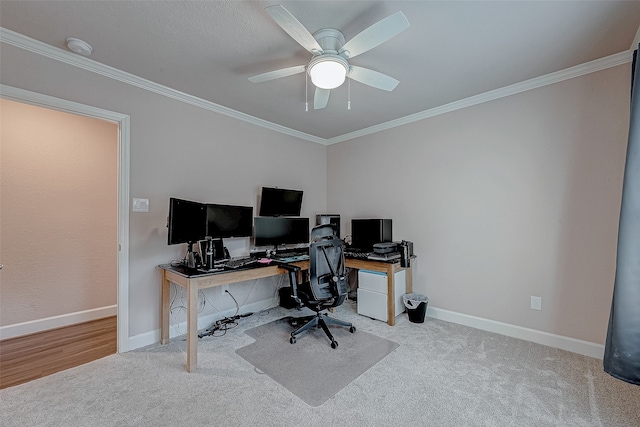 carpeted home office with ceiling fan and ornamental molding