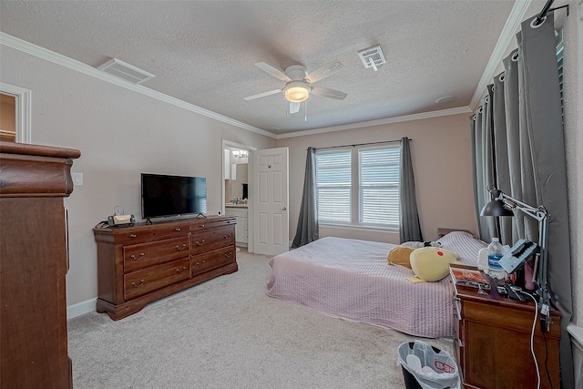 bedroom featuring a textured ceiling, ceiling fan, crown molding, and light carpet