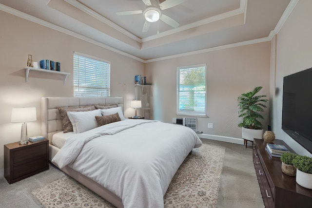 bedroom with multiple windows, crown molding, and ceiling fan