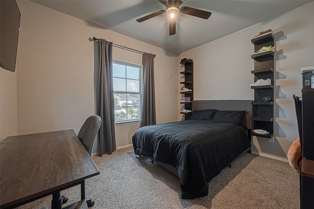 bedroom with light colored carpet and ceiling fan