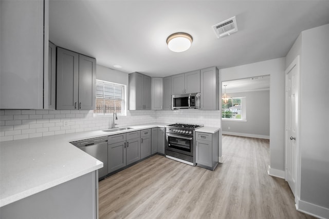 kitchen featuring tasteful backsplash, light hardwood / wood-style floors, stainless steel appliances, sink, and gray cabinets