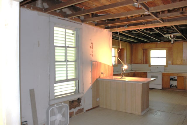 kitchen featuring a peninsula and white range with electric stovetop