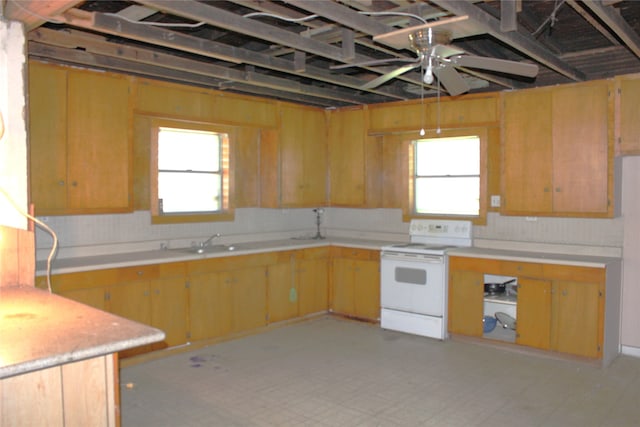 kitchen featuring a sink, electric stove, light countertops, and a wealth of natural light