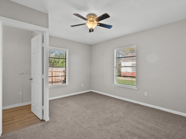 carpeted spare room featuring ceiling fan and a healthy amount of sunlight