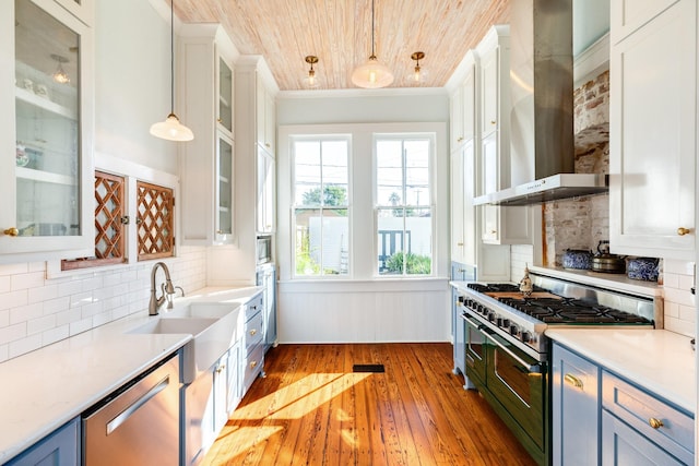 802 16th St, Galveston, TX 77550 - kitchen with wall chimney range hood, appliances with stainless steel finishes, blue cabinetry, white cabinets, and light countertops
