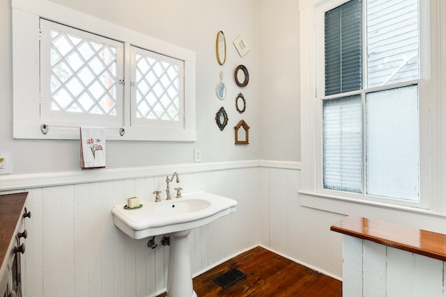 bathroom with hardwood / wood-style floors