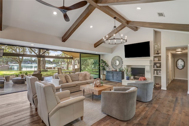 living room featuring beamed ceiling, ceiling fan with notable chandelier, dark wood-type flooring, and high vaulted ceiling