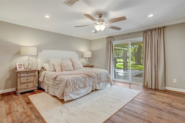 bedroom with access to exterior, ceiling fan, light hardwood / wood-style floors, and ornamental molding