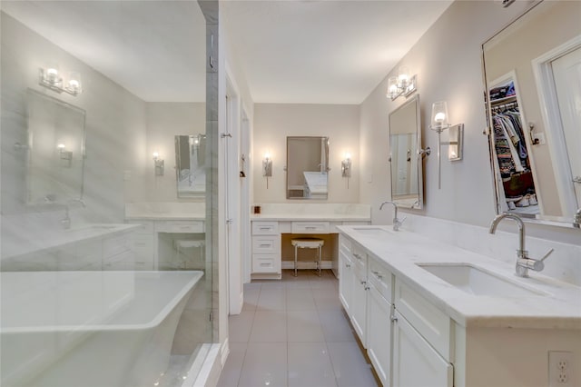 bathroom with tile patterned floors, plus walk in shower, and vanity