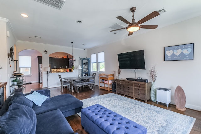 living room featuring dark hardwood / wood-style floors, ceiling fan, and ornamental molding