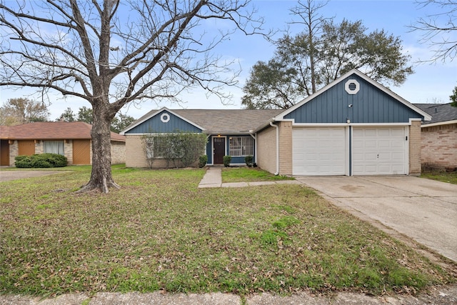 ranch-style house featuring a front yard and a garage