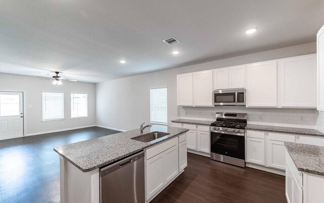 13101 Sapphire Lake Ln, Texas City, TX 77568 - kitchen with stainless steel appliances, a sink, ceiling fan, tasteful backsplash, and light stone countertops