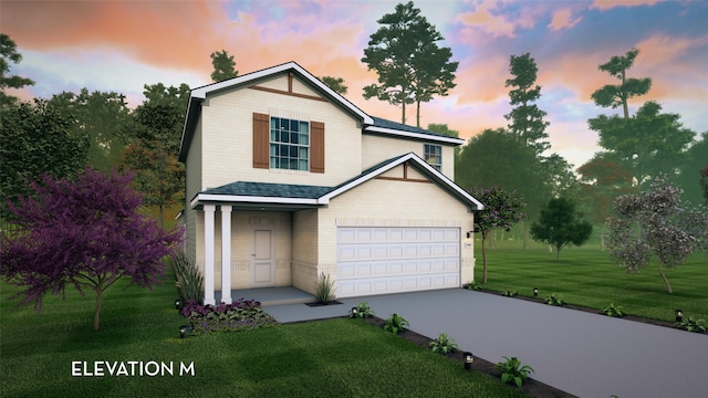 view of property with a yard and a garage