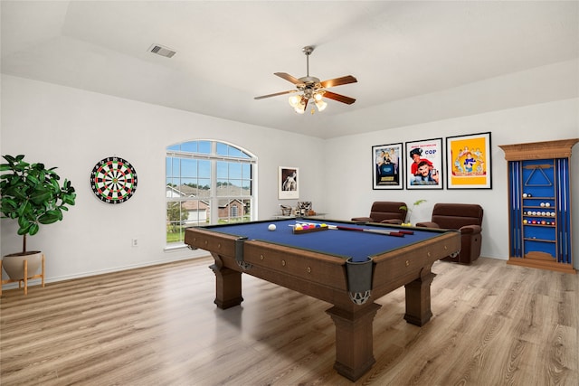 game room featuring ceiling fan, wood-type flooring, and pool table