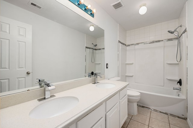 full bathroom with tile patterned flooring, vanity, toilet, and tiled shower / bath combo