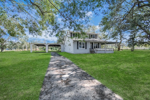 farmhouse with a porch and a front lawn