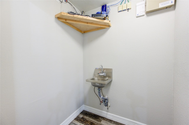 washroom with dark hardwood / wood-style flooring and sink