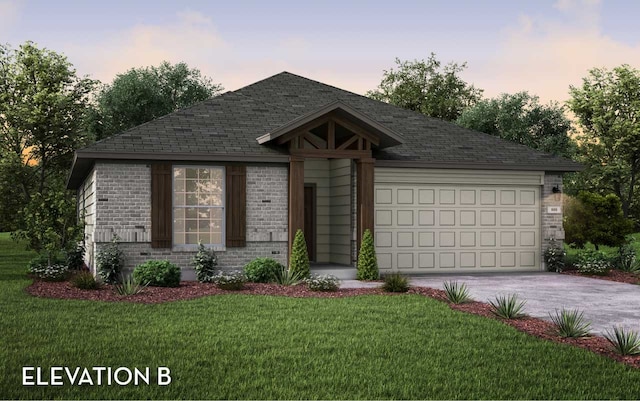 view of front of property featuring a garage and a lawn