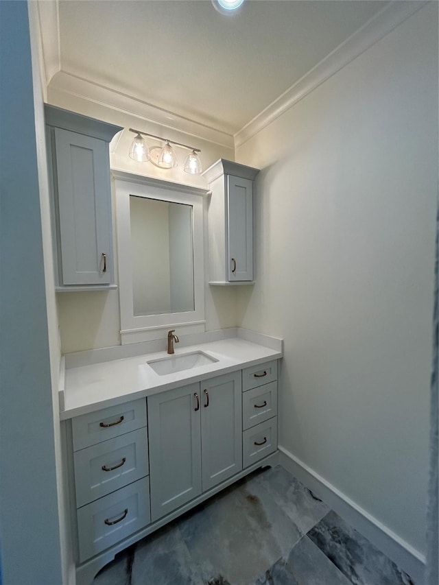 874 Bonita, Bayou Vista, TX 77563 - bathroom featuring baseboards, vanity, and crown molding