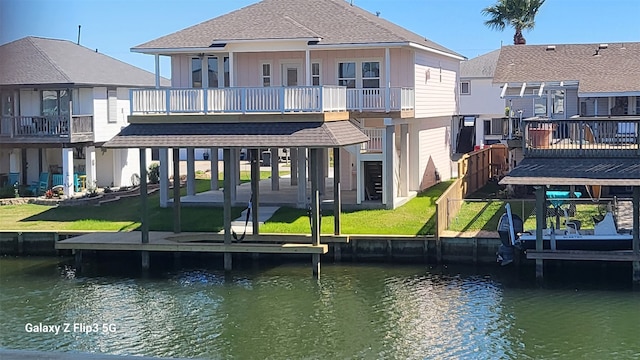 view of dock with a patio, a yard, a water view, and a residential view