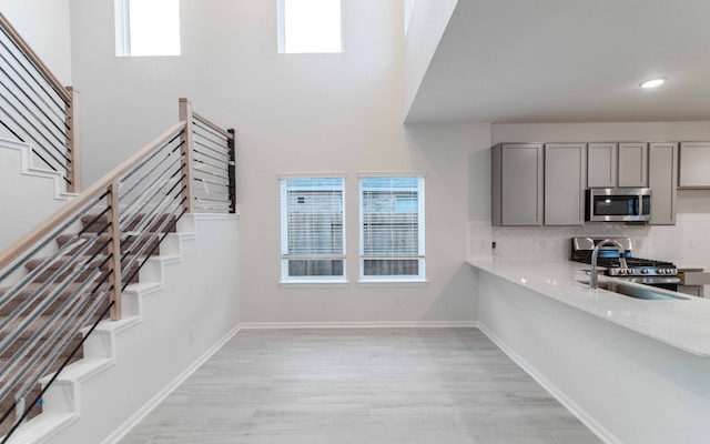 kitchen with gray cabinetry, light wood-type flooring, sink, and appliances with stainless steel finishes