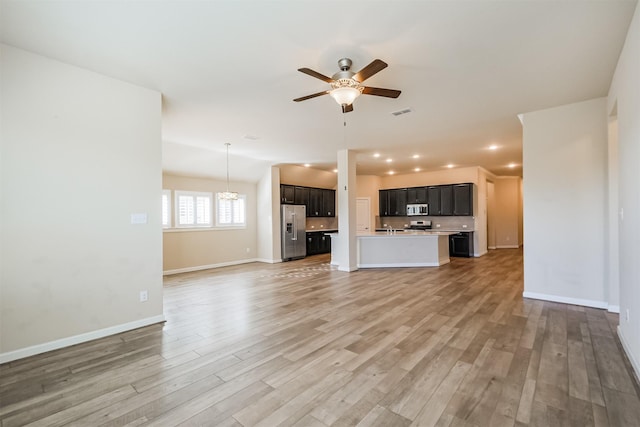 unfurnished living room with light hardwood / wood-style flooring and ceiling fan