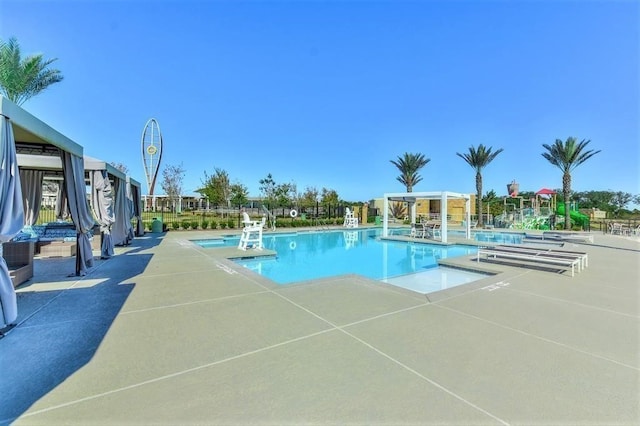 view of swimming pool featuring a patio area