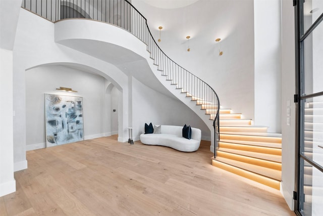 entrance foyer with a high ceiling and light wood-type flooring