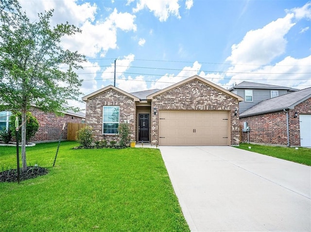 ranch-style home with a garage and a front lawn