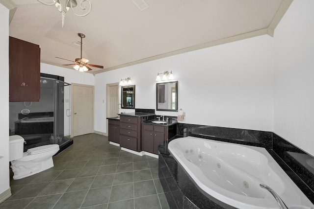 full bathroom featuring tile patterned floors, vanity, ceiling fan, independent shower and bath, and toilet