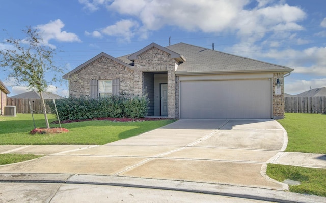 view of front of property with cooling unit, a garage, and a front lawn