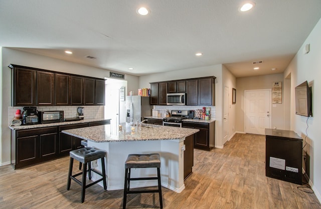 kitchen featuring backsplash, a center island with sink, a kitchen breakfast bar, light hardwood / wood-style floors, and stainless steel appliances