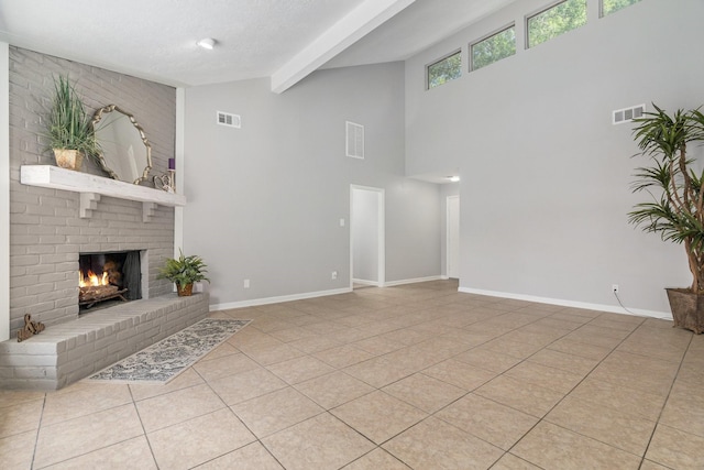 1611 Cantrell Blvd, Conroe, TX 77301 - unfurnished living room featuring a fireplace, tile patterned floors, beam ceiling, high vaulted ceiling, and baseboards