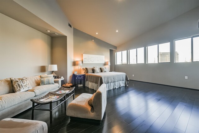 1 Alabama Ct, Houston, TX 77027 - bedroom featuring dark wood-style floors, high vaulted ceiling, and recessed lighting
