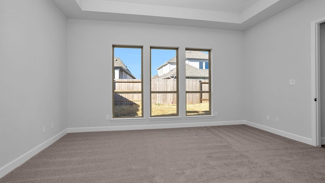 carpeted empty room featuring a raised ceiling