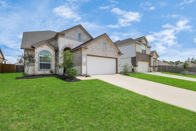 view of front of home with a garage and a front lawn