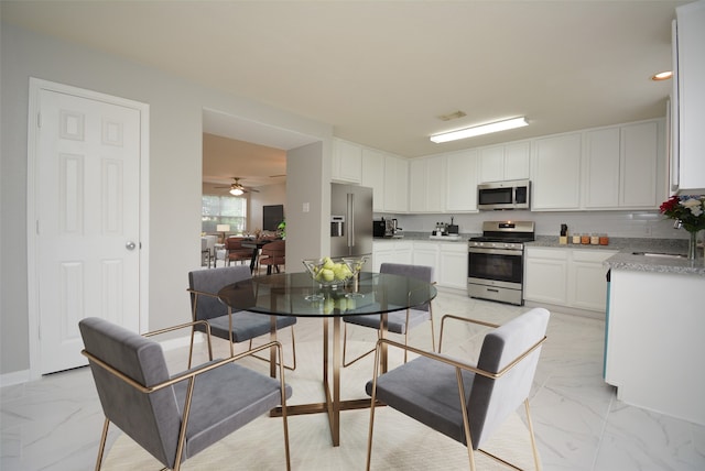 kitchen featuring ceiling fan, sink, white cabinets, and appliances with stainless steel finishes