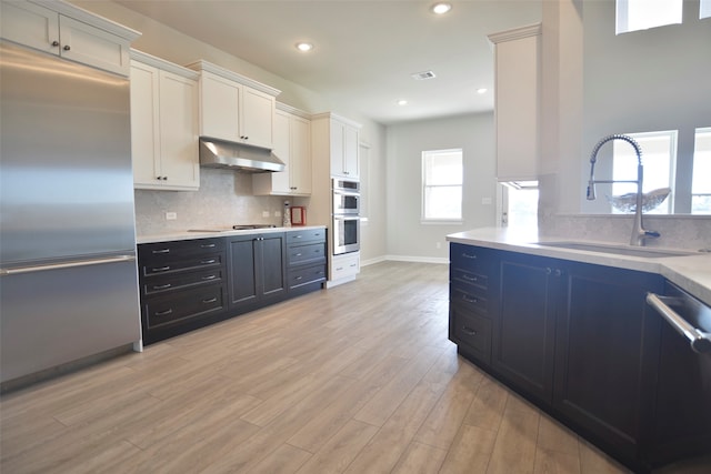 kitchen featuring white cabinets, stainless steel appliances, a wealth of natural light, and light hardwood / wood-style floors