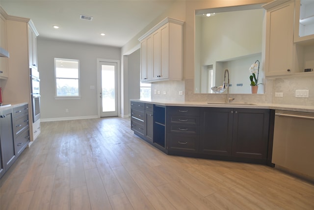 kitchen with white cabinets, light hardwood / wood-style floors, sink, and stainless steel appliances