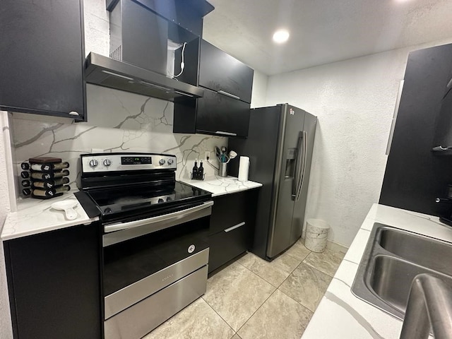 kitchen with decorative backsplash, ventilation hood, stainless steel appliances, and sink