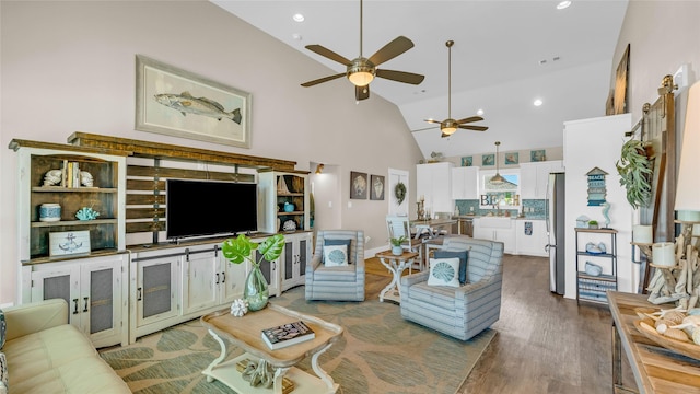 living room with hardwood / wood-style flooring and high vaulted ceiling