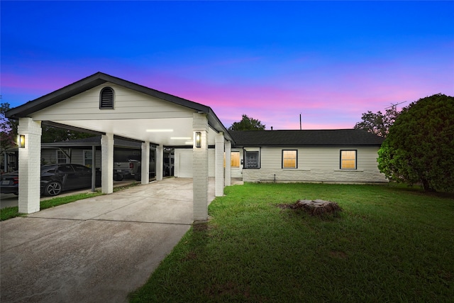 view of front facade featuring a carport and a lawn