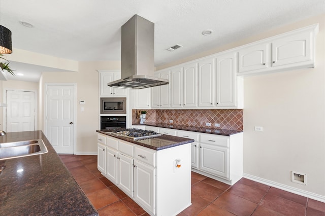 kitchen with tasteful backsplash, stainless steel appliances, extractor fan, sink, and white cabinetry