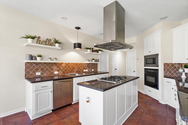 kitchen with tasteful backsplash, stainless steel appliances, a kitchen island, island range hood, and white cabinetry